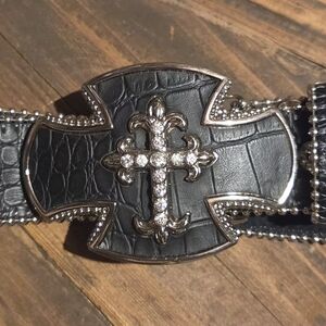Men's Black Rhinestone Cross Buckle Belt